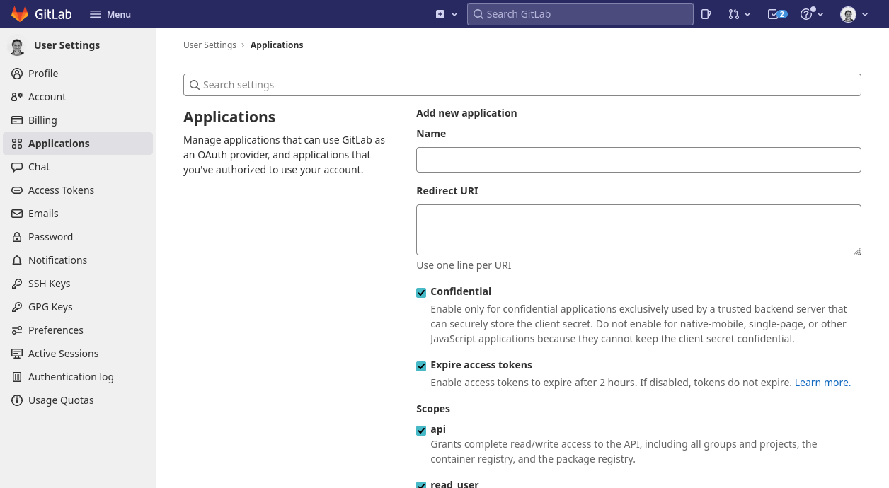 Screenshot of Applications screen on Gitlab